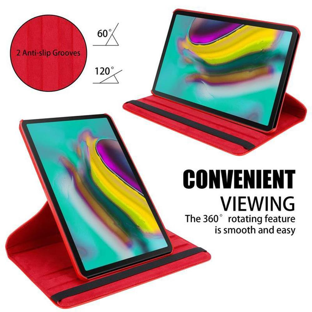 Tablet in roter Hülle, zeigt bequeme Betrachtungswinkel. Text sagt 'bequemes Betrachten'.