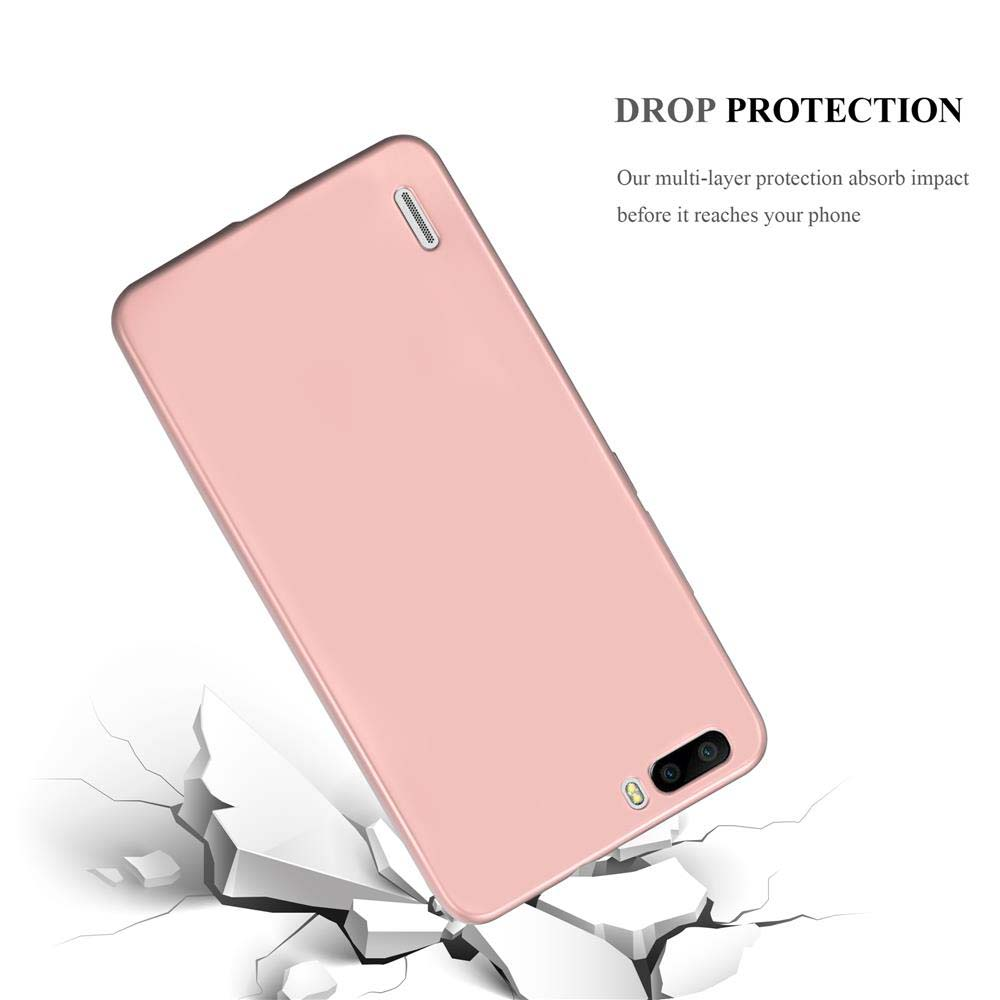 Una custodia per telefono rosa con un telefono all'interno e un grafico di crepe, con testo che indica la protezione dalle cadute.