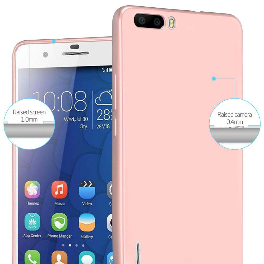 Un telefono rosa con custodia rosa. Schermo e fotocamera rialzati.