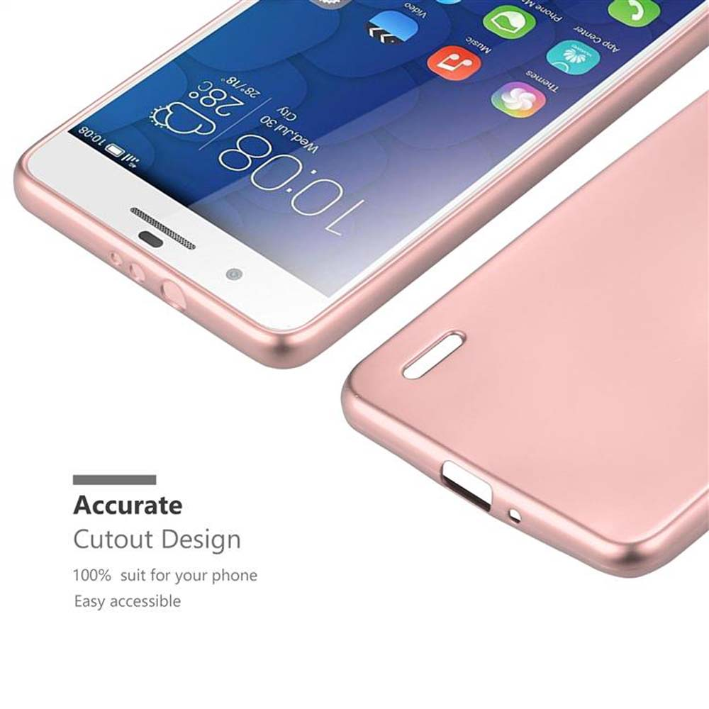 Due telefoni color oro rosa con le parole Accurate Cutout Design su sfondo bianco.