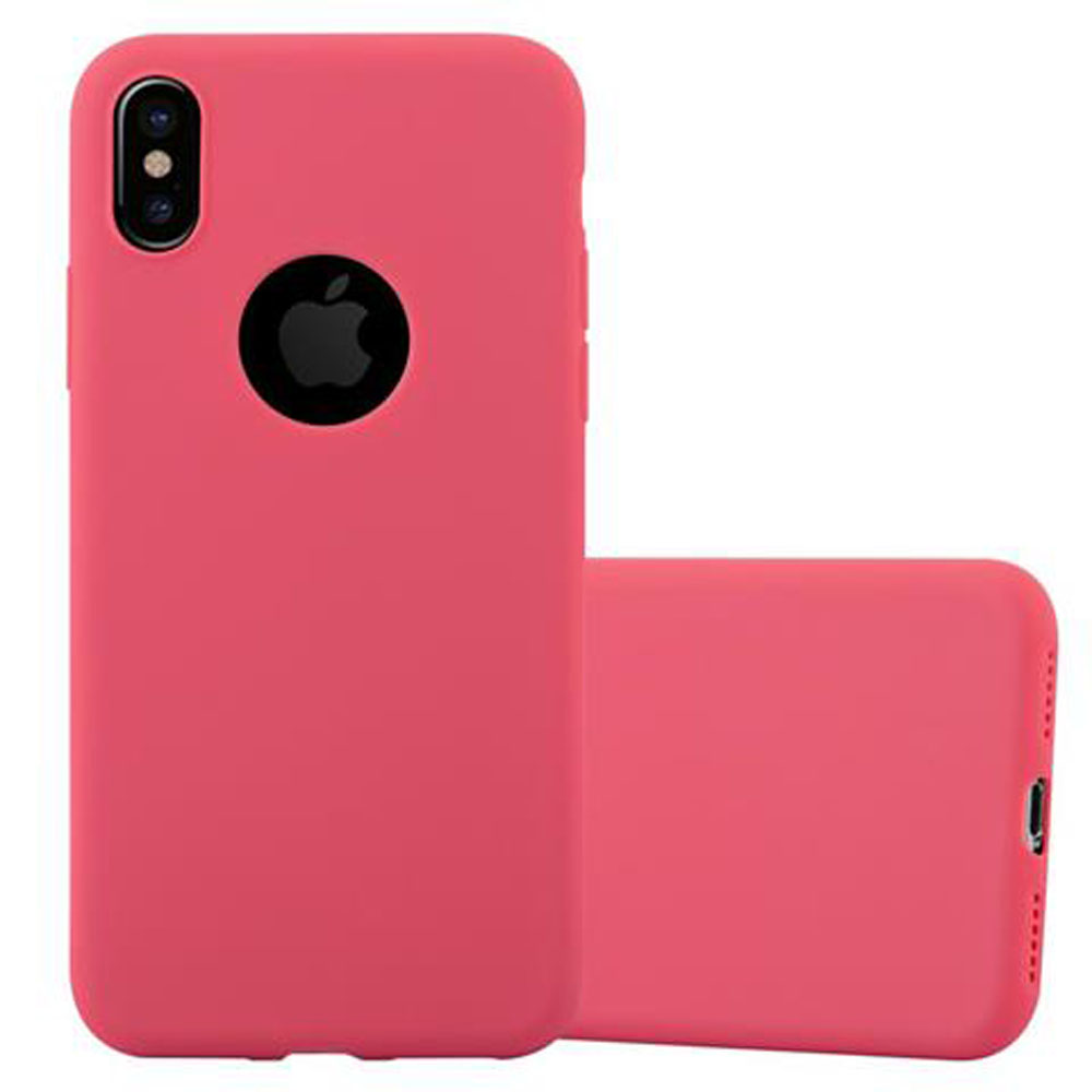 Rosa Handyhülle mit schwarzem Apple-Logo. Eine weitere Hülle liegt dahinter.