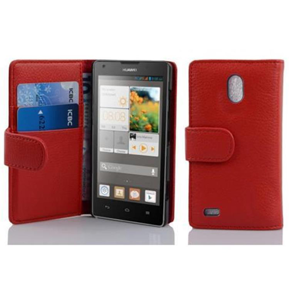 Funda de teléfono roja abierta con un teléfono y tarjetas. Una parte trasera roja está detrás. Una pestaña roja está en el frente.
