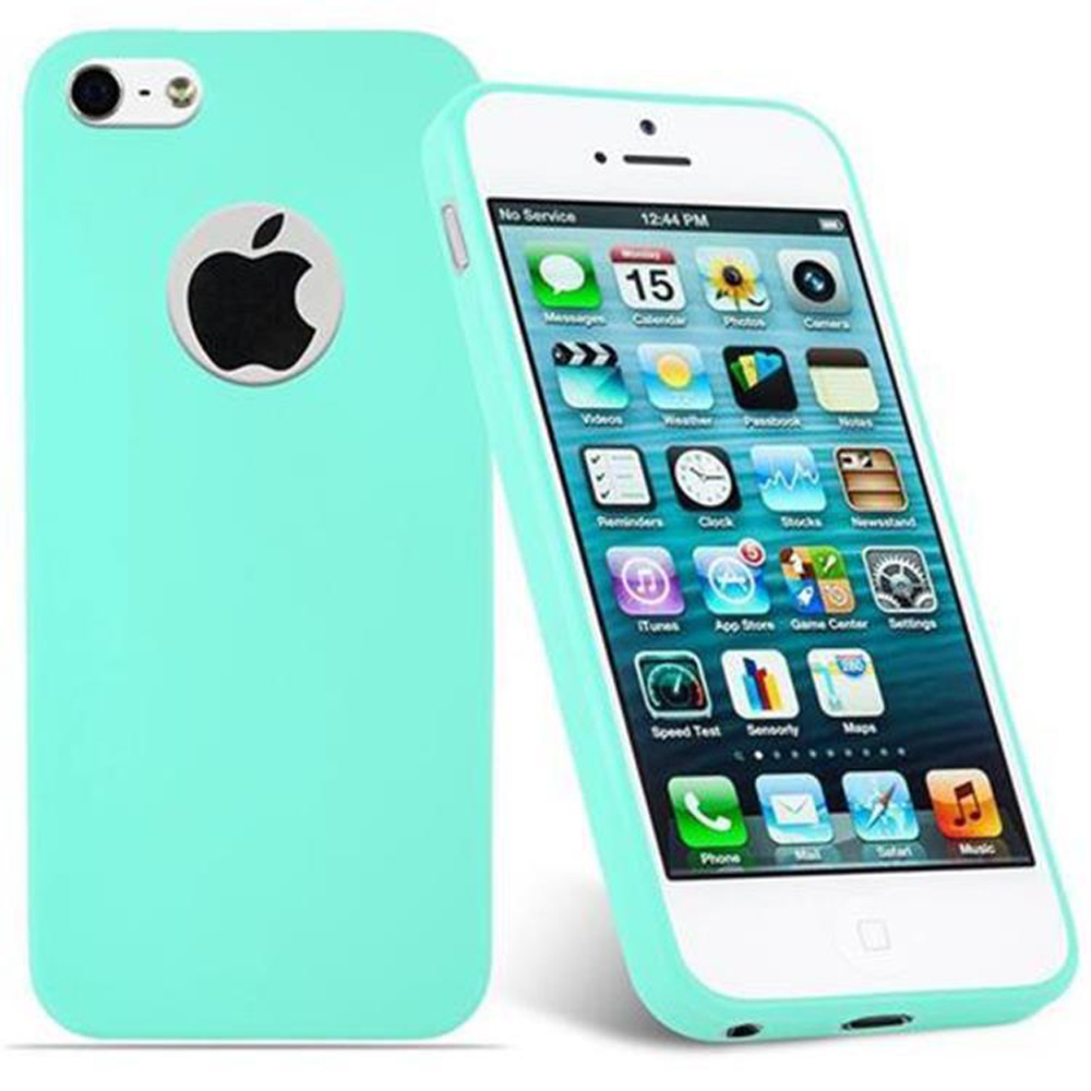 Teléfono blanco con funda celeste y logo Apple. Detalle: teléfono y funda.