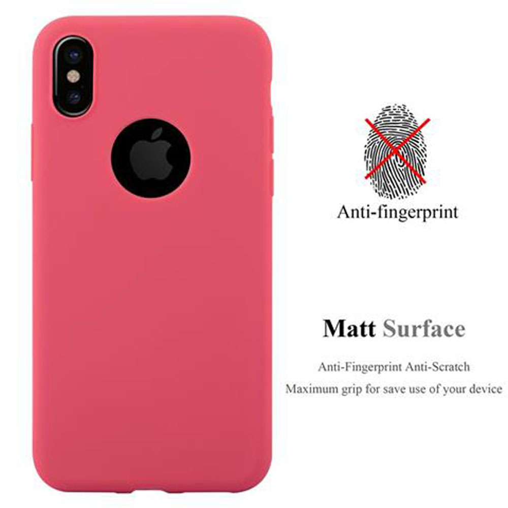 Eine pinke Handyhülle. Apple-Logo in Schwarz. Anti-Fingerabdruck. Text: Matt Surface, Anti-Kratzer, Maximaler Grip.
