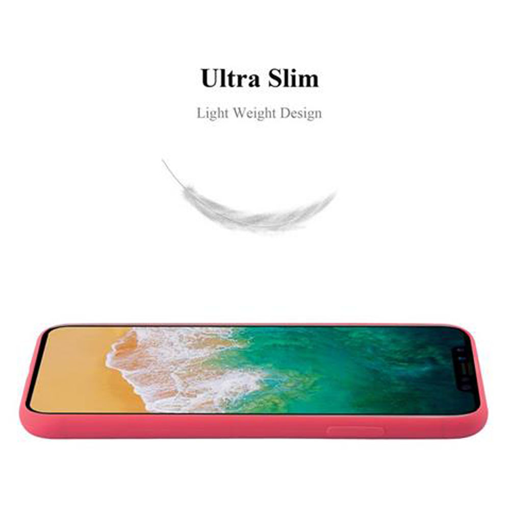 Rosa Handyhülle auf weißem Grund. Telefonbildschirm sichtbar. Text 'Ultra Slim' darüber, Feder.