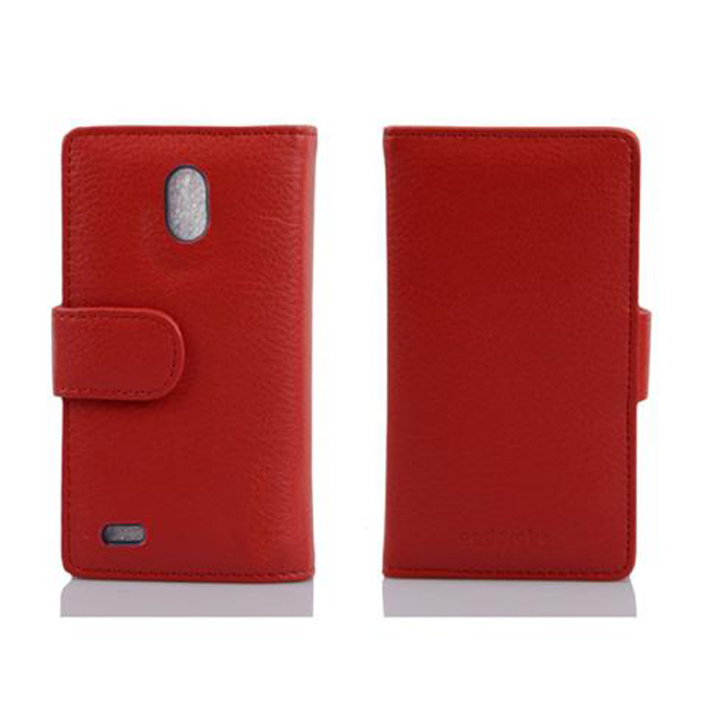 Una funda de teléfono roja. Se muestran las vistas frontal y trasera. El frente tiene un cierre de botón.