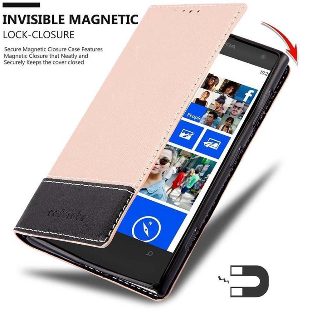 Custodia rosa con chiusura magnetica. Aperta per mostrare il telefono con i contatti.