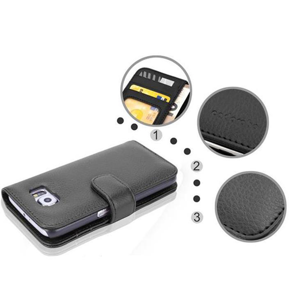 Custodia per telefono nera con fessure per carte e chiusura magnetica. È aperta, mostrando carte e un telefono.