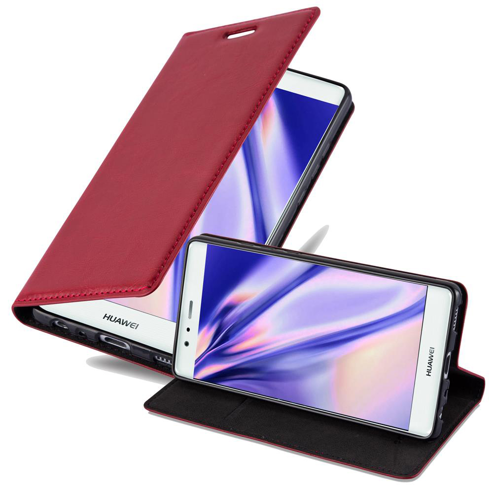 Funda roja con teléfono Huawei dentro. La funda está abierta y sobre la mesa.