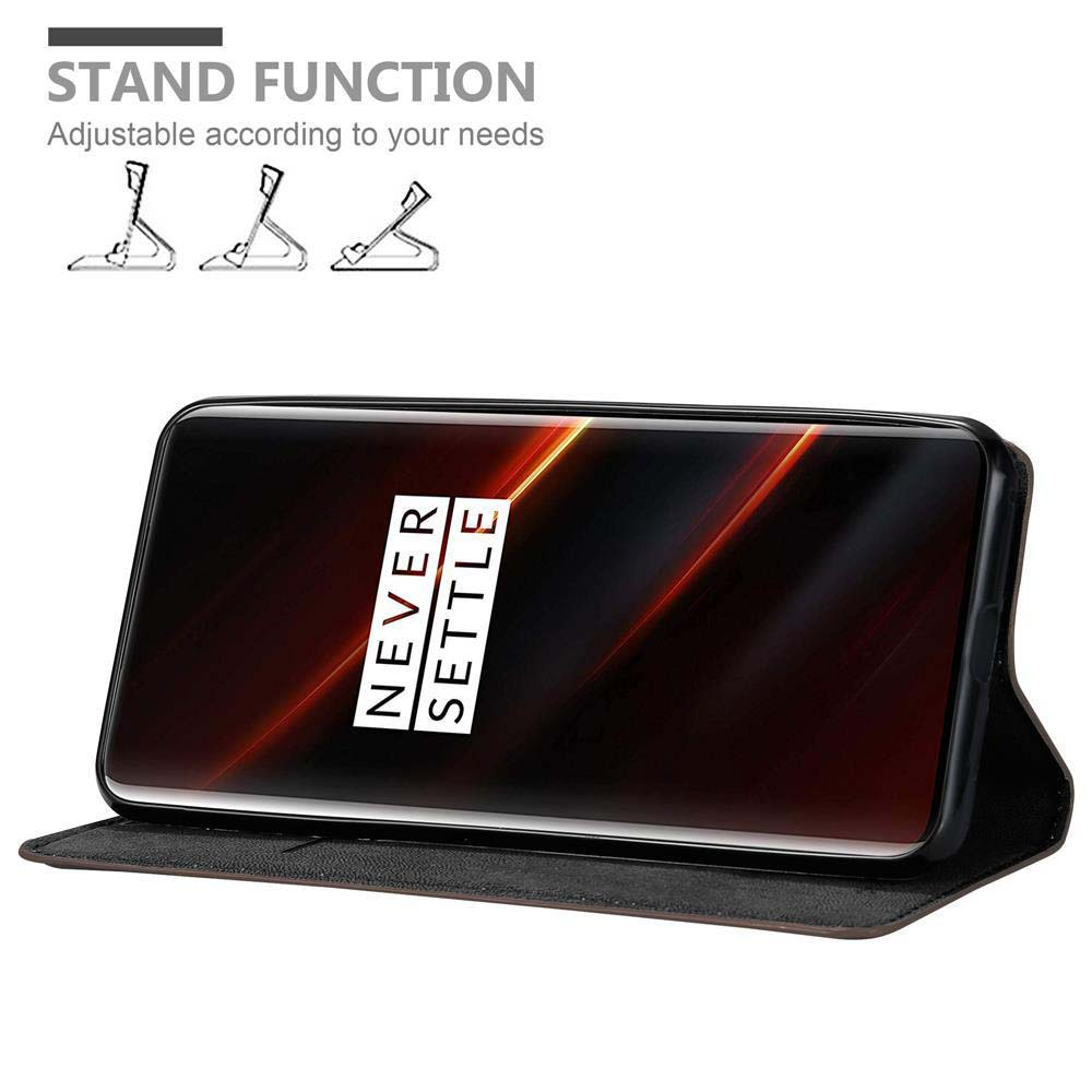 Telefono in custodia aperta. Testo: Funzione supporto. Lo schermo del telefono ha le parole 'Never Settle'.