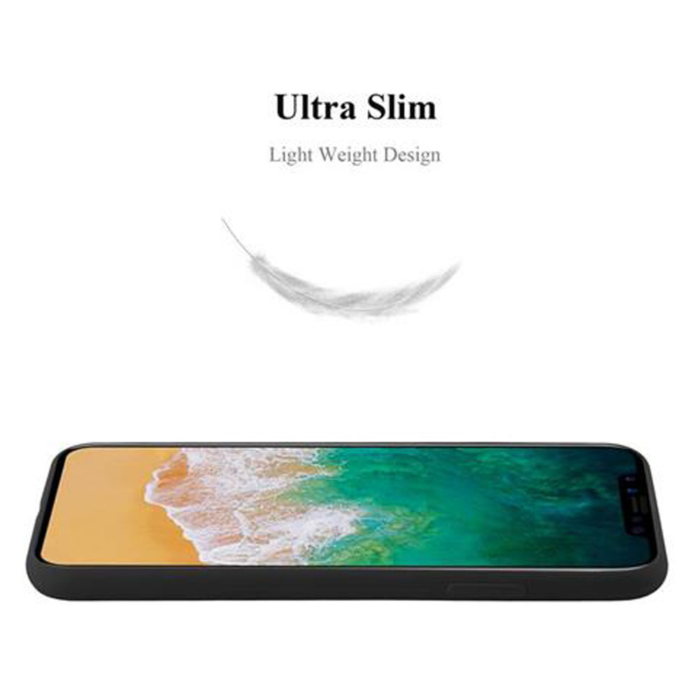 Telefon mit gelb/orangefarbenem Bildschirm, schwarze Hülle, Feder-Grafik, weißer HG.