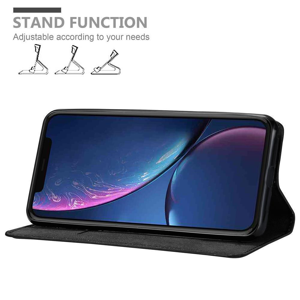 Eine schwarze Handyhülle mit einem Telefon darin, das ein farbenfrohes Bild anzeigt, und eine Standfunktion.