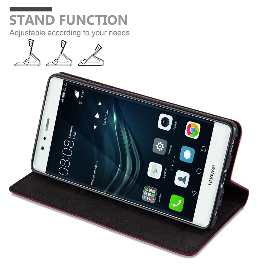 Teléfono en una funda abierta, apoyado. Texto de función de soporte. Pantalla del teléfono muestra iconos de aplicaciones.