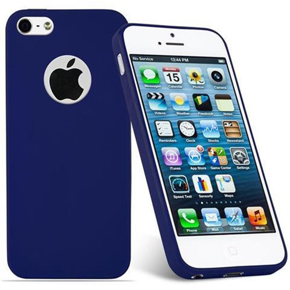 Un iPhone de Apple se muestra dentro de una funda azul, con una funda a juego detrás.