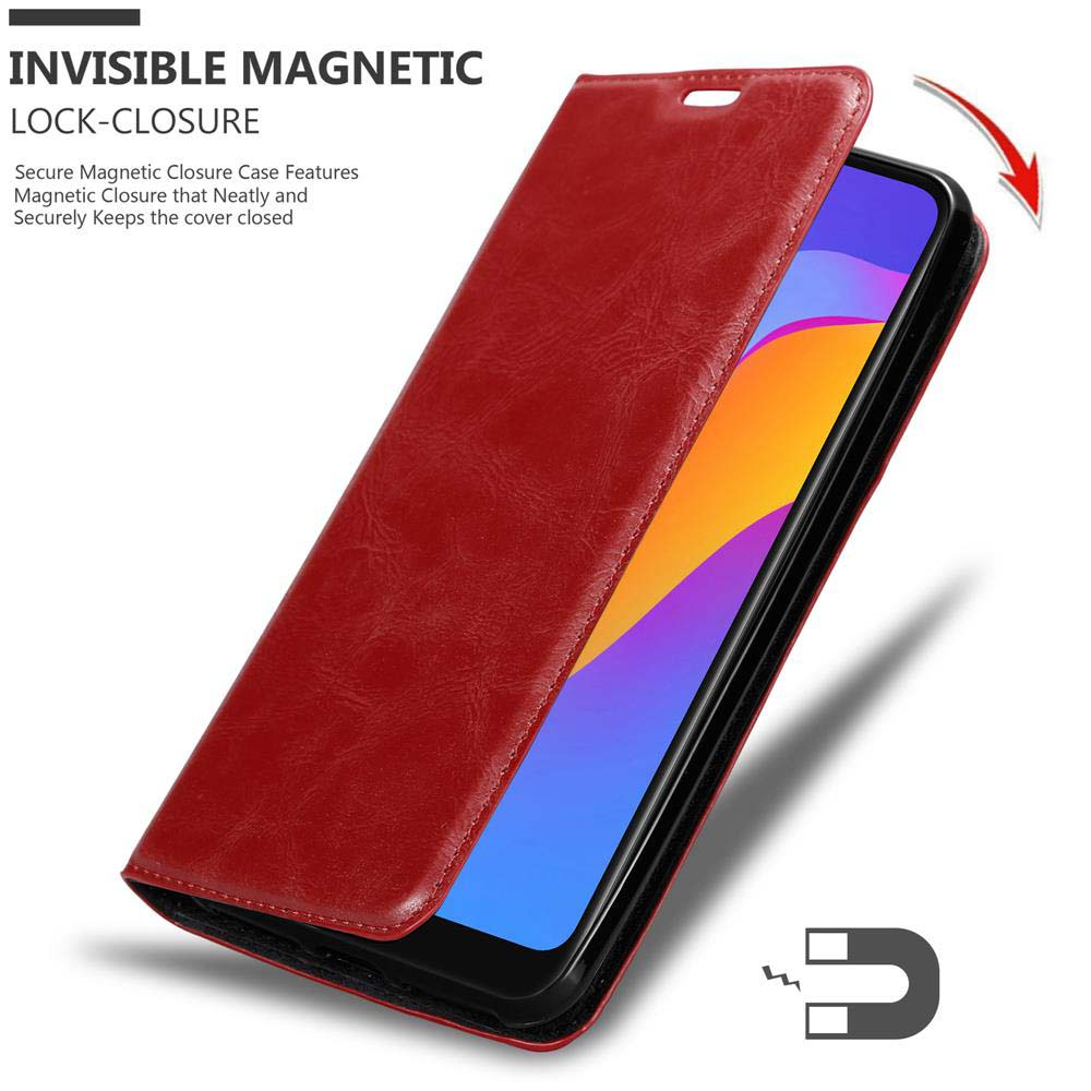 Eine rote Handyhülle geöffnet, zeigt einen Telefonbildschirm. Magnetverschluss hervorgehoben.