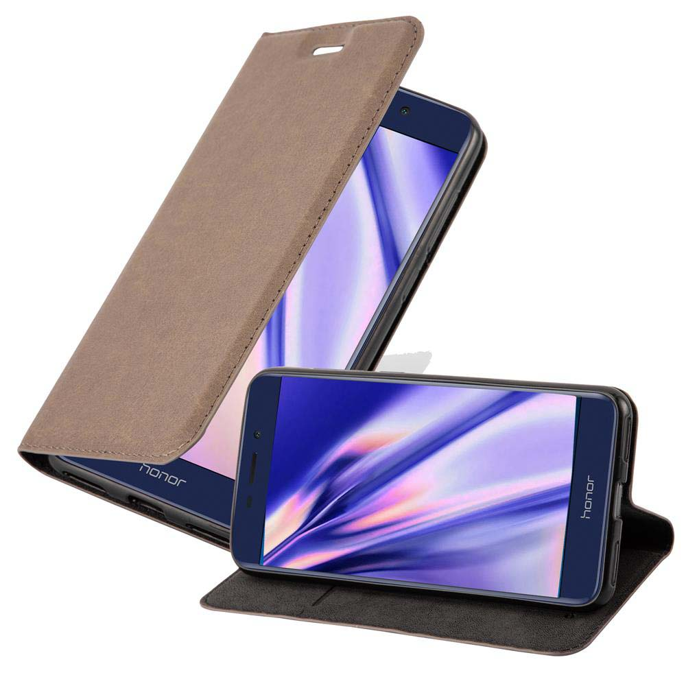 Geöffnete Handyhülle. Das Telefon ist darin. Die Hülle ist braun. Die Marke ist Honor.