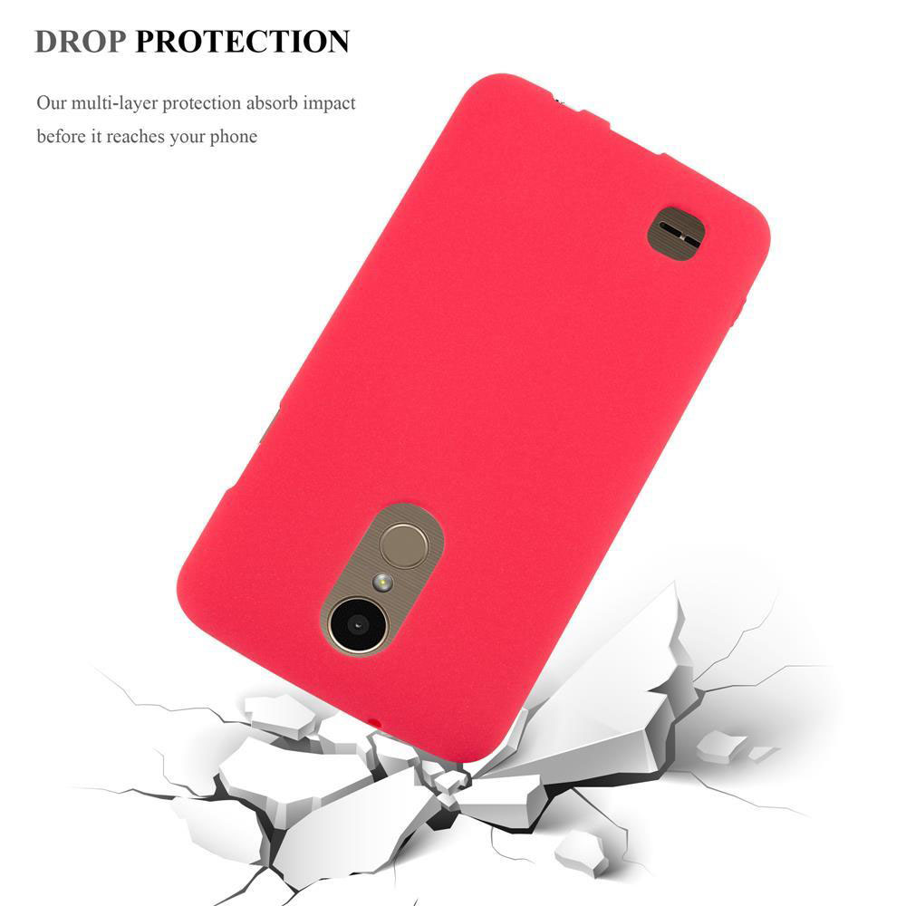 Funda de teléfono roja, sobre una superficie que se rompe por el impacto. Texto sobre protección contra caídas.
