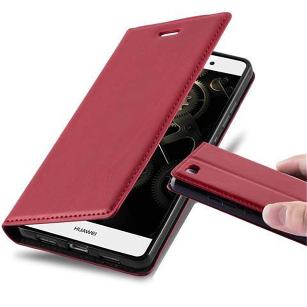 Un teléfono Huawei en una funda de cuero roja, abierto. El teléfono muestra un diseño mecánico intrincado.