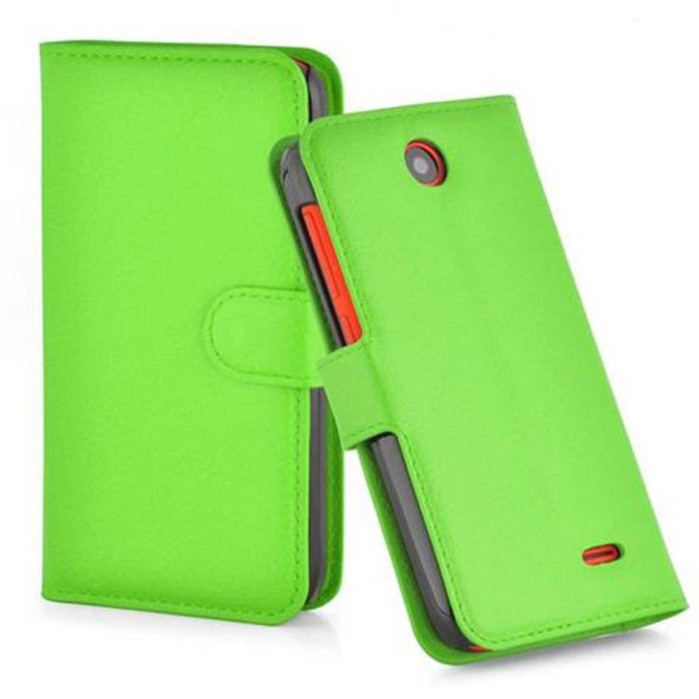 Custodia per telefono verde, il telefono è dentro. La custodia è aperta. Lo sfondo è bianco.
