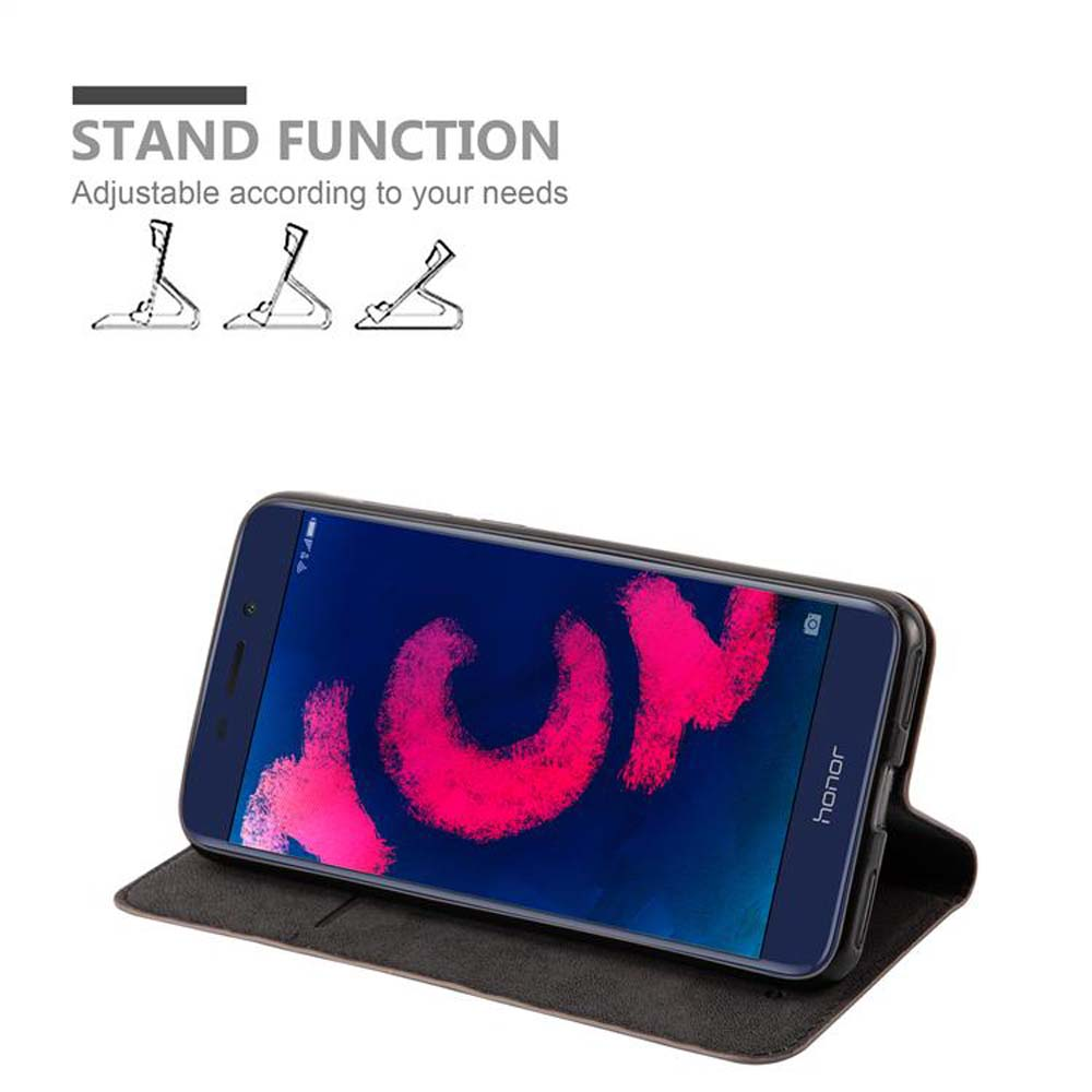 Telefon in einer Brieftasche, offen. Es ist ein Ständer. Der Bildschirm zeigt ein farbenfrohes Design.