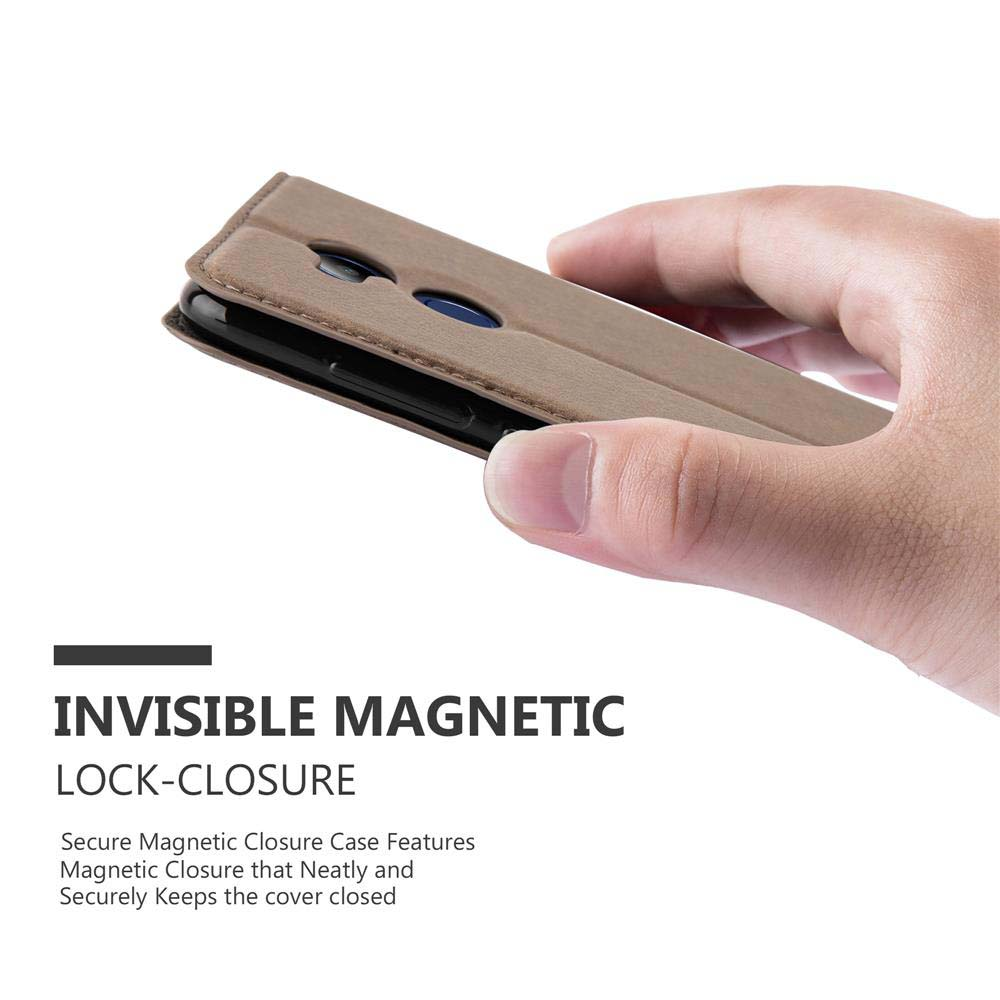 Handyhülle mit Telefon. Die Hülle ist offen. Magnetischer Verschluss ist hervorgehoben. Text: Unsichtbarer Magnetverschluss.