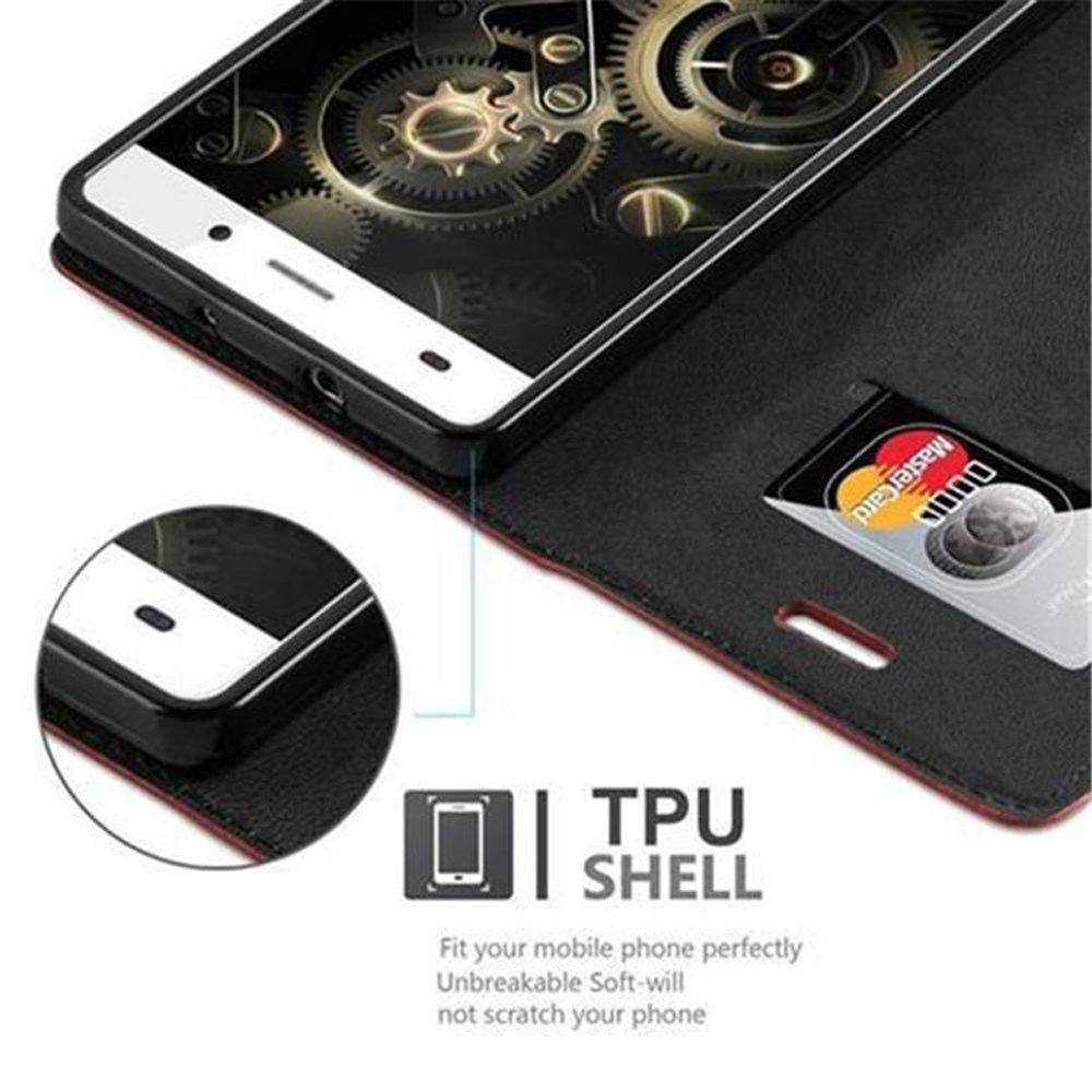 Teléfono en funda negra, con tarjeta de crédito dentro. Detalle de la pantalla y texto TPU.