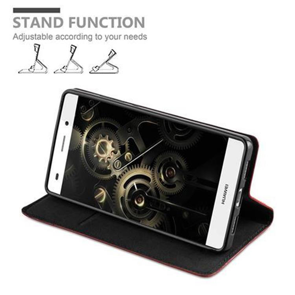 Funda de teléfono que muestra un teléfono con una pantalla con tema de engranajes, abierto sobre una superficie roja. Función de soporte con ilustración.