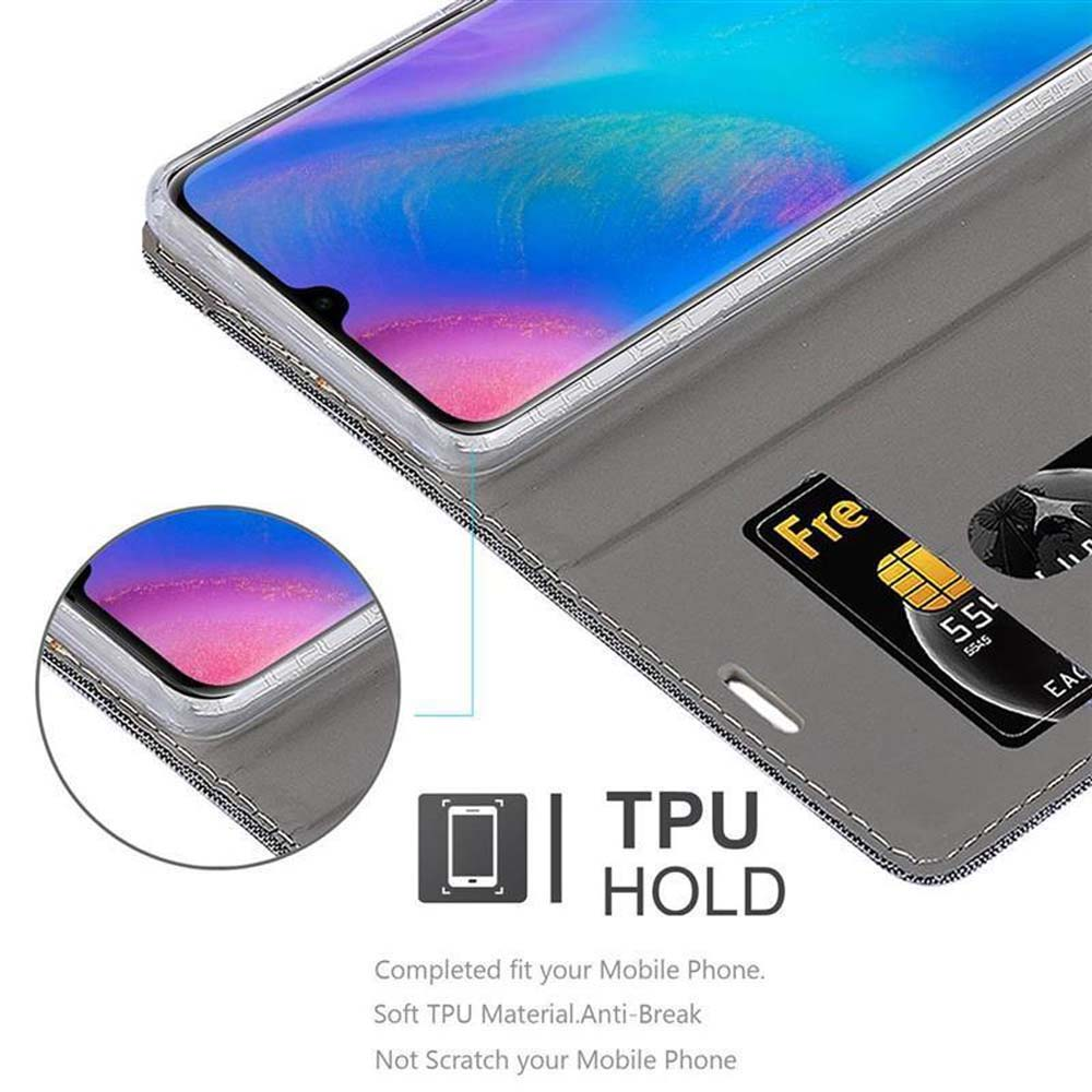 Telefono in una custodia con carta di credito. Testo: Supporto in TPU.