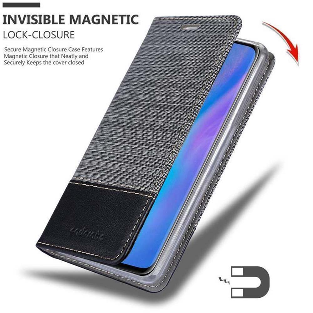 Una custodia per telefono aperta che mostra il telefono. Chiusura magnetica con una freccia.