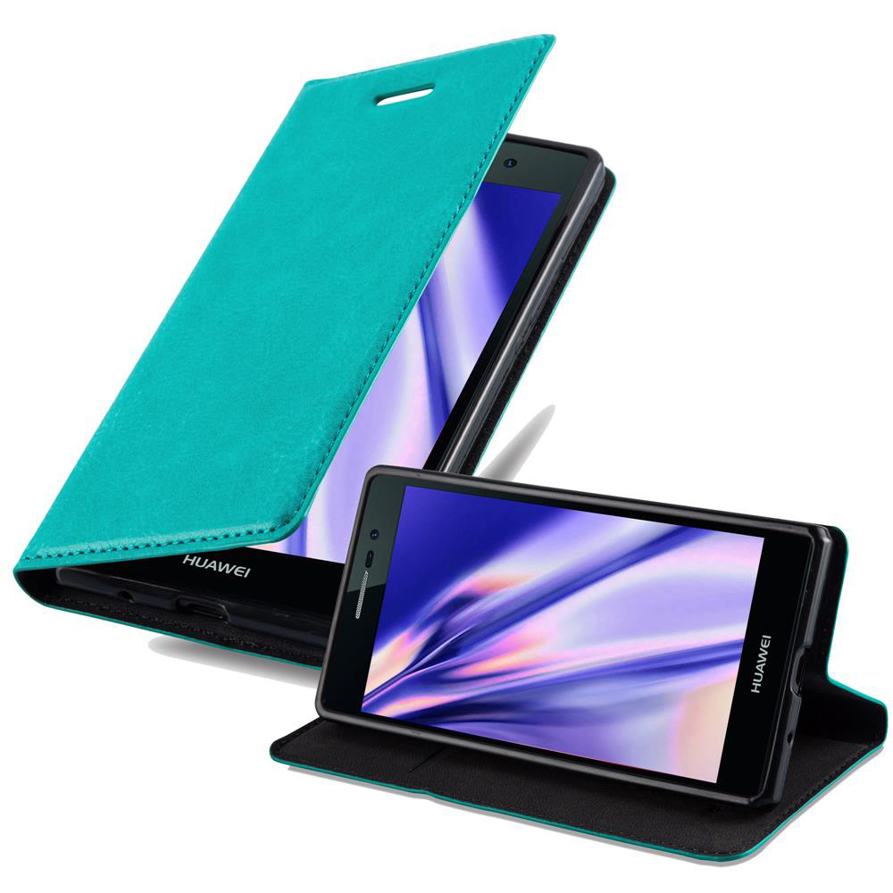 Funda turquesa para teléfono con teléfono negro. Una parte abierta, otra cerrada.