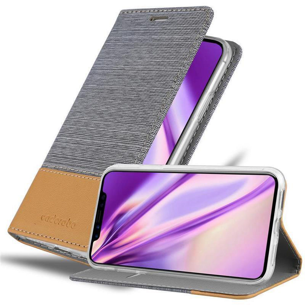 Un telefono in una custodia grigia e beige, aperto. Un secondo telefono in una custodia è in basso.