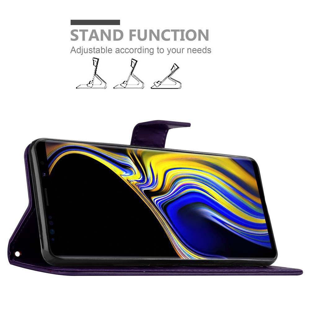 Custodia viola con funzione supporto, che mostra lo schermo. Il testo dice 'Stand Function'.