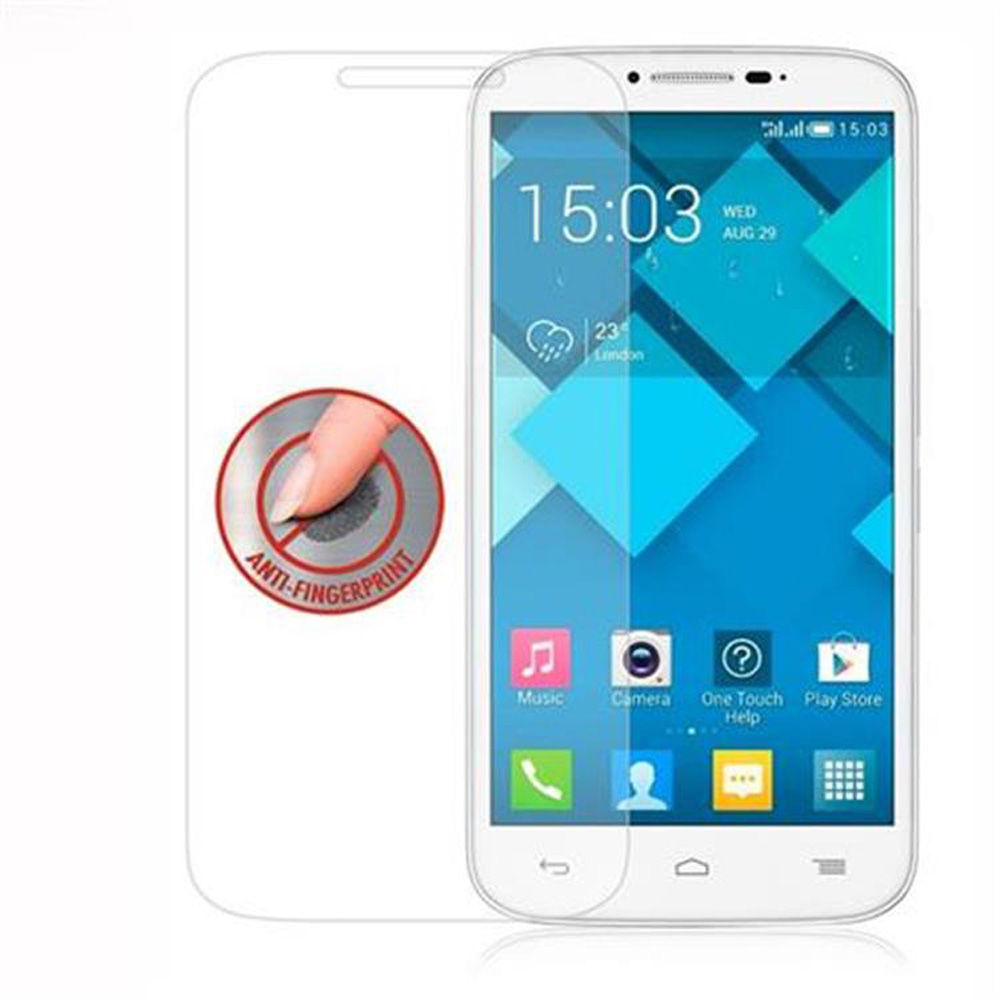 Telefono con protezione. Testo impronta sul protettore. Icone sullo schermo.