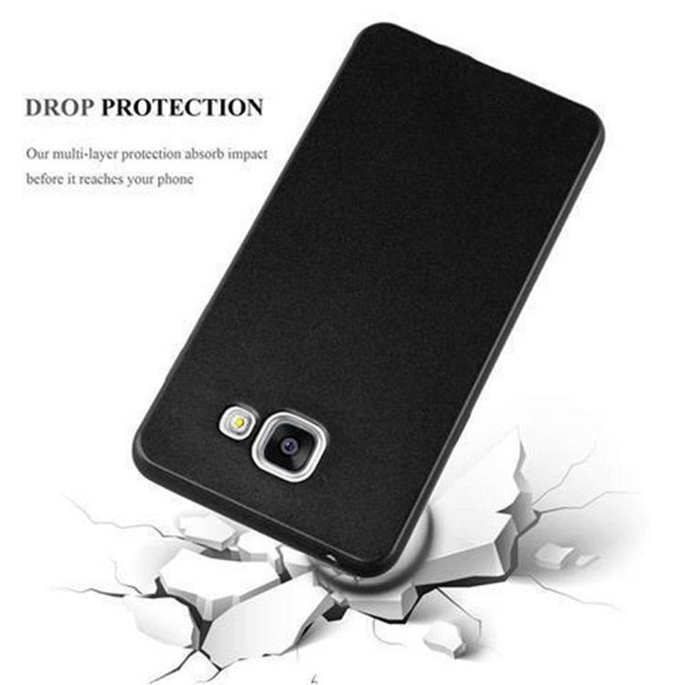 Schwarze Handyhülle, Telefon auf Beton. Text: 'DROP PROTECTION' und 'Our multi-layer protection absorb impact'.