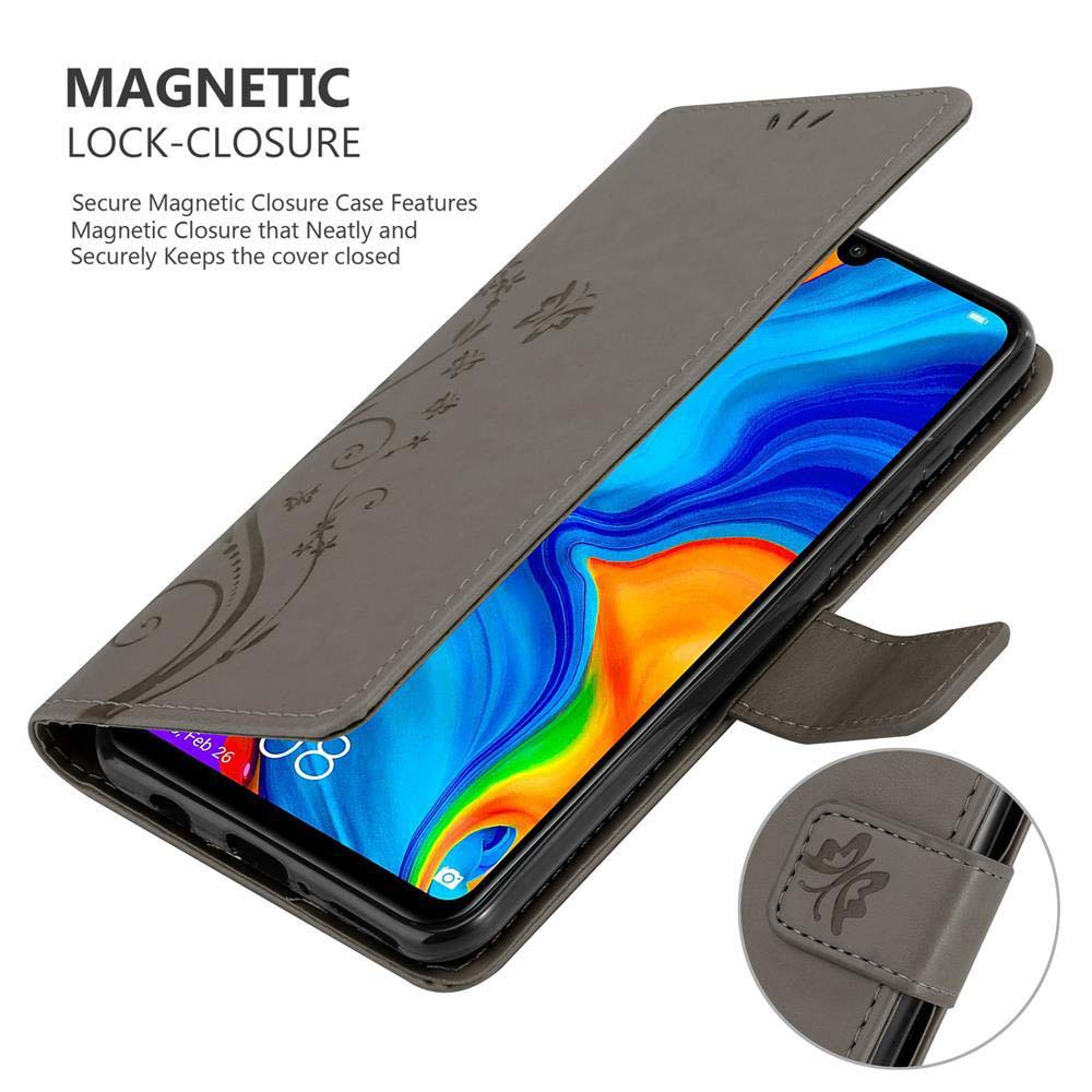 Custodia per telefono grigia con telefono all'interno. La custodia ha una chiusura magnetica. Ha un design floreale.