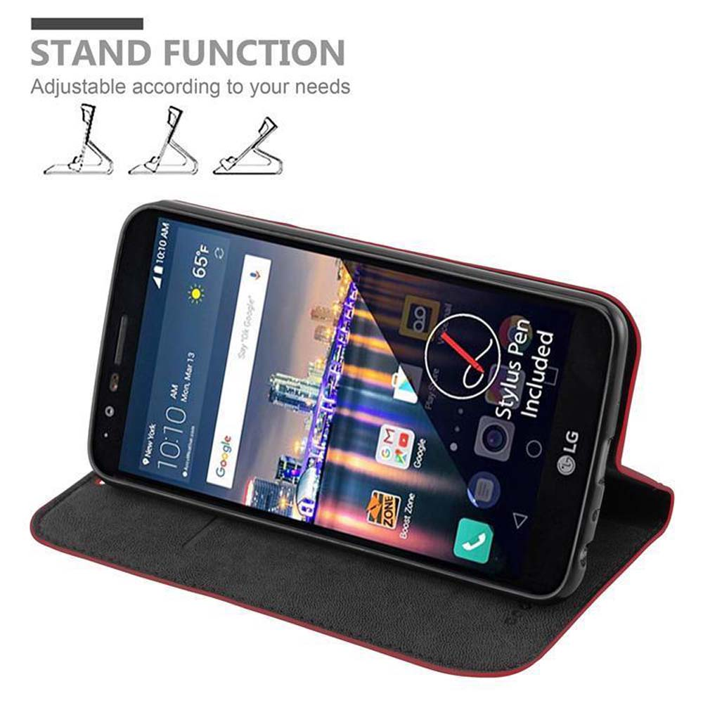 Telefono in una custodia a portafoglio. Lo schermo è acceso, mostra l'ora e Google. Una penna è inclusa. Funzione stand disponibile.