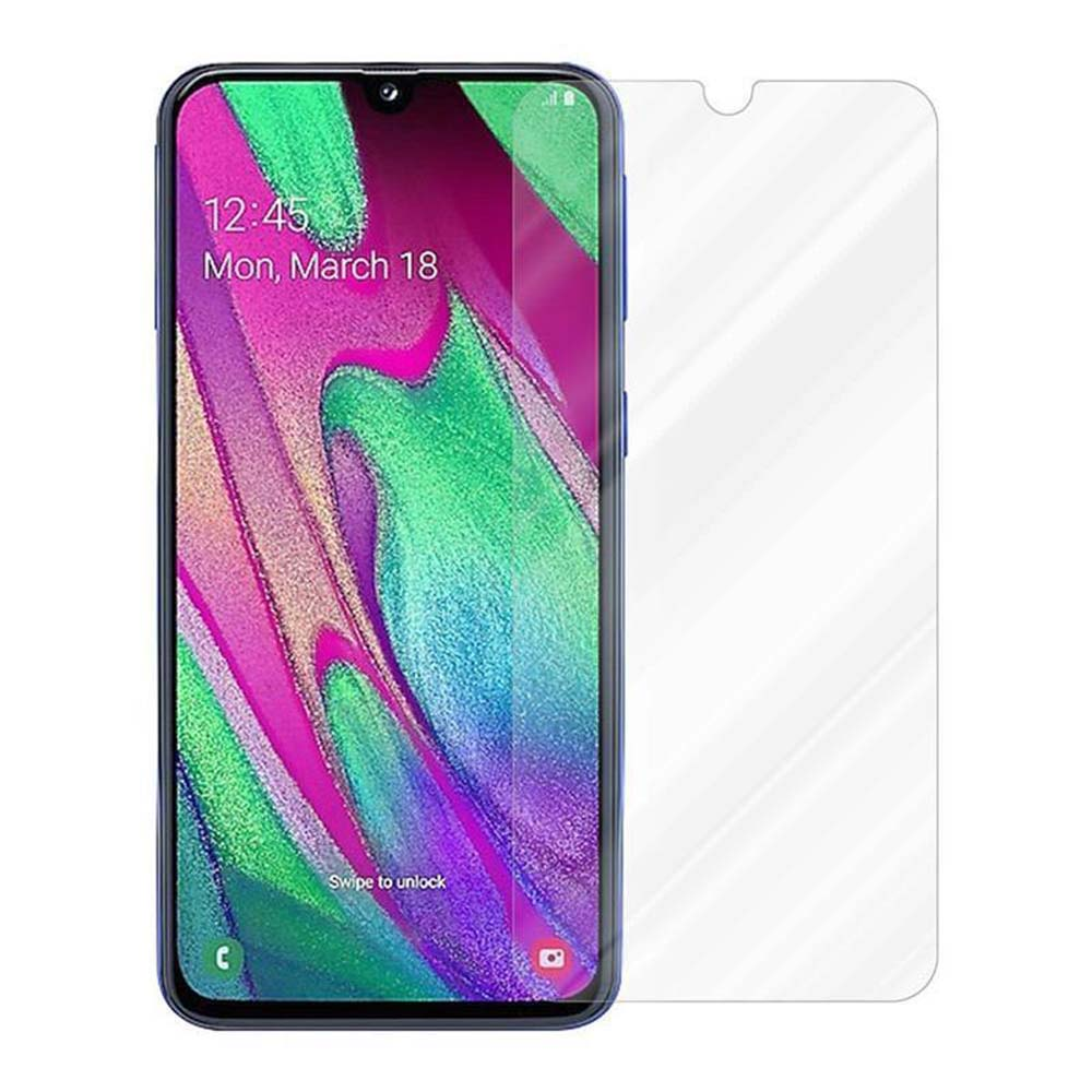 Schermo del telefono con protezione. Lo schermo mostra l'ora e la data. La protezione è trasparente.