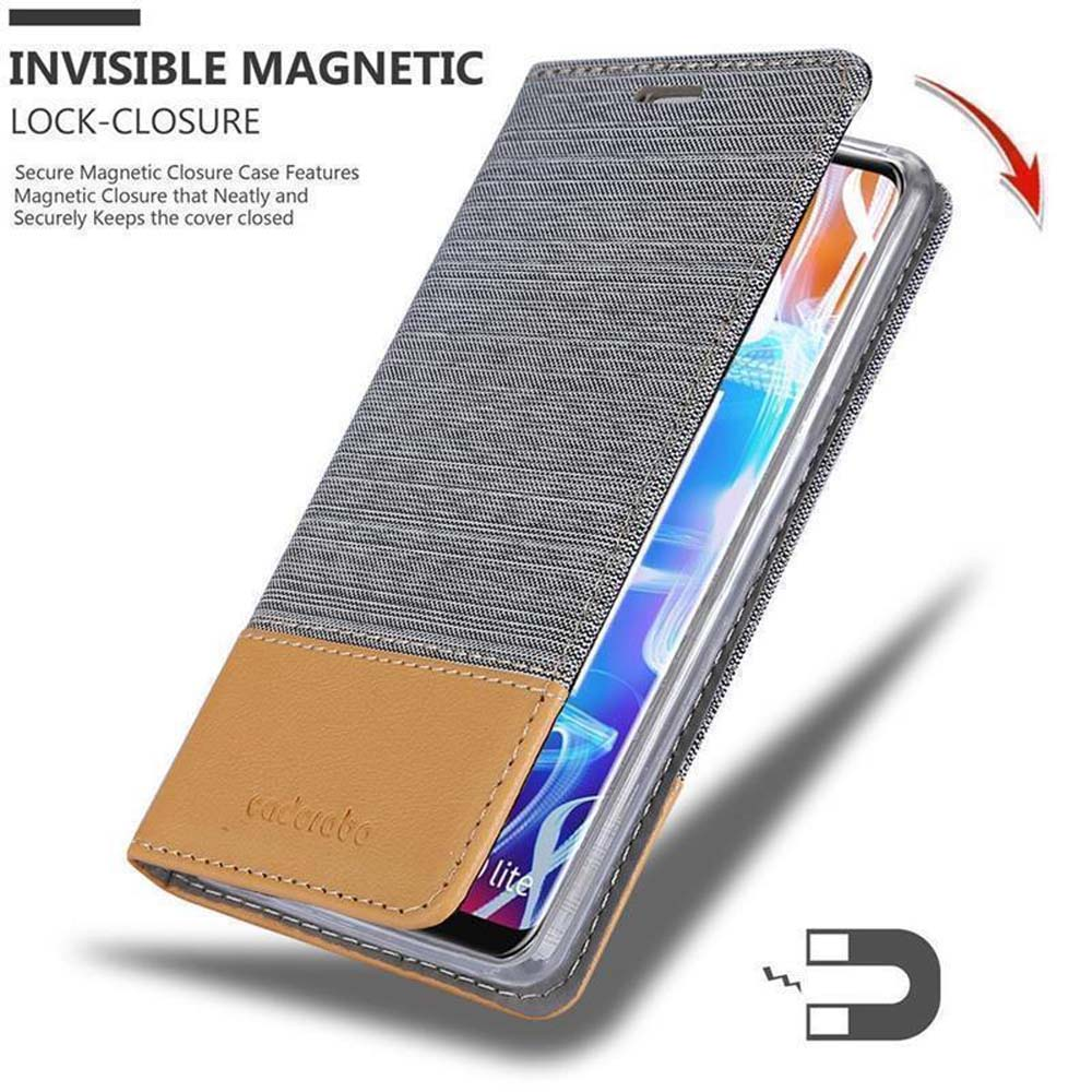 Telefon in einer Hülle. Magnetverschluss. Braune und graue Hülle. Text: Unsichtbarer Magnetverschluss.