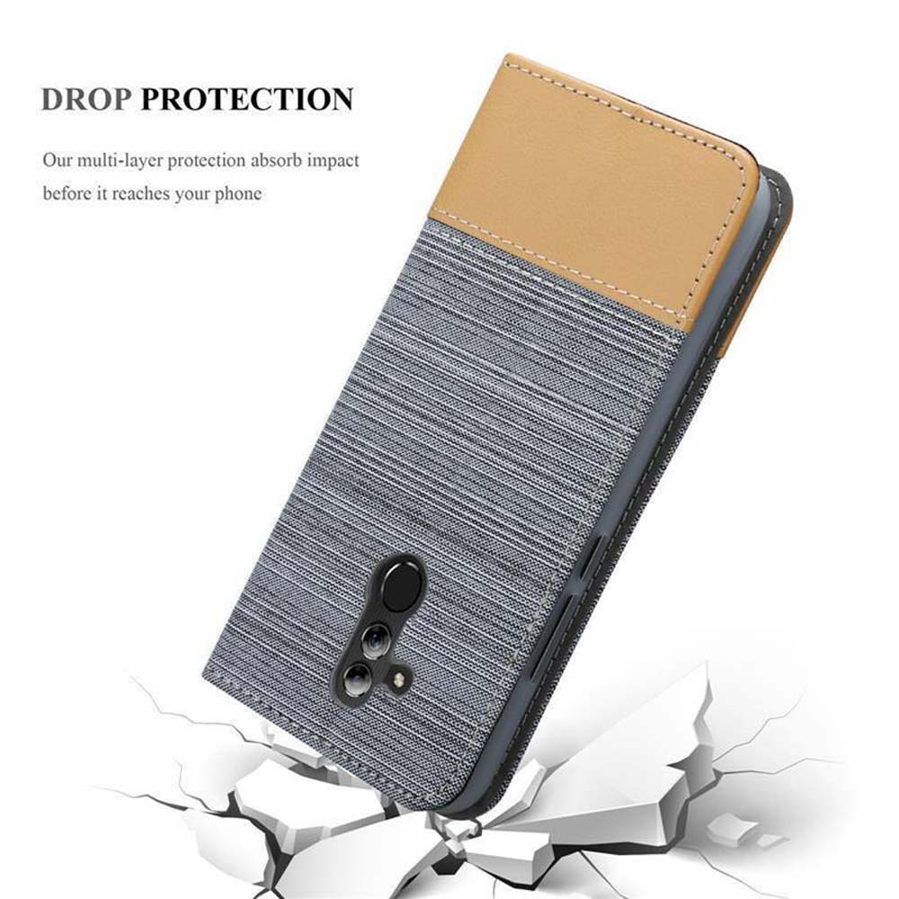 Eine Handyhülle mit grauem und beigem Design. Die Hülle liegt auf einigen zerbrochenen weißen Blöcken.