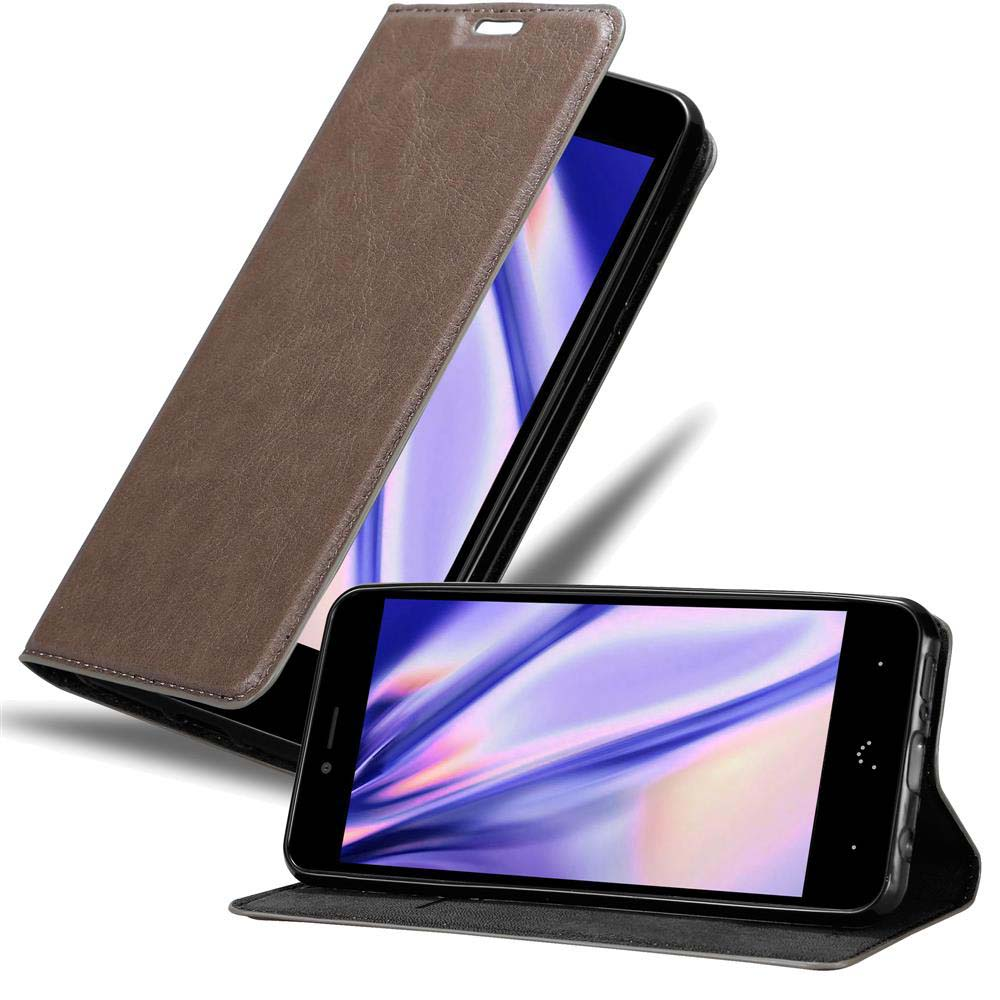 Funda marrón para teléfono abierta con teléfono dentro. Pantalla del teléfono mostrada.
