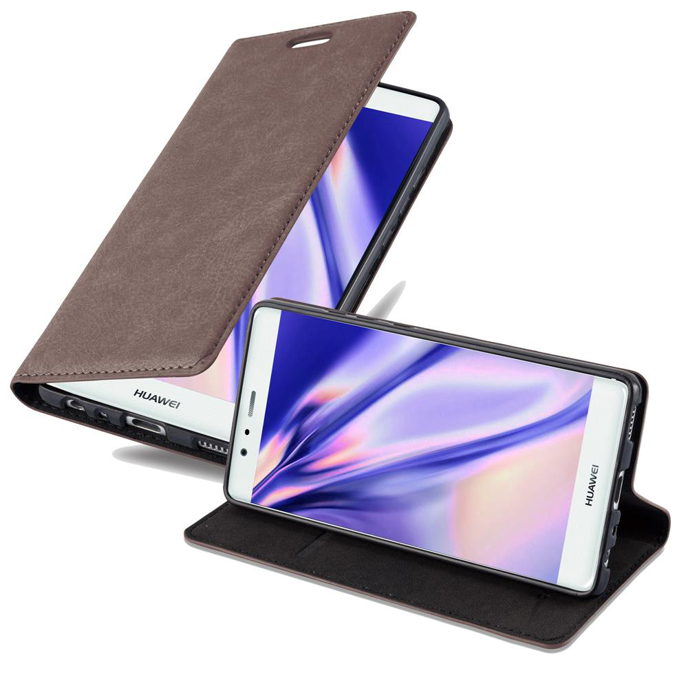 Una funda de teléfono marrón. Hay un teléfono dentro. La funda está abierta. Se muestran dos vistas.