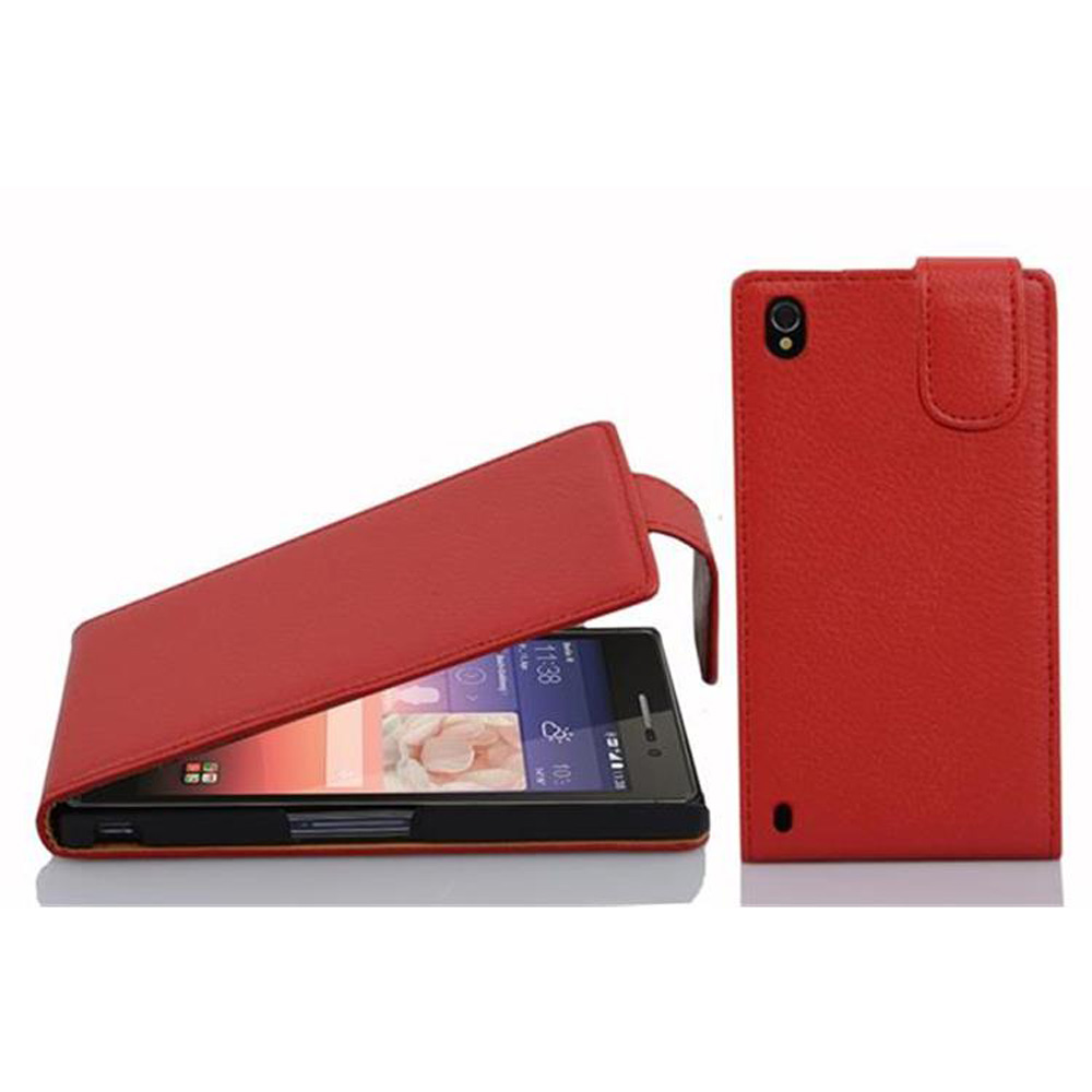 Funda roja en un teléfono. El teléfono está abierto. Muestra hora y fecha.