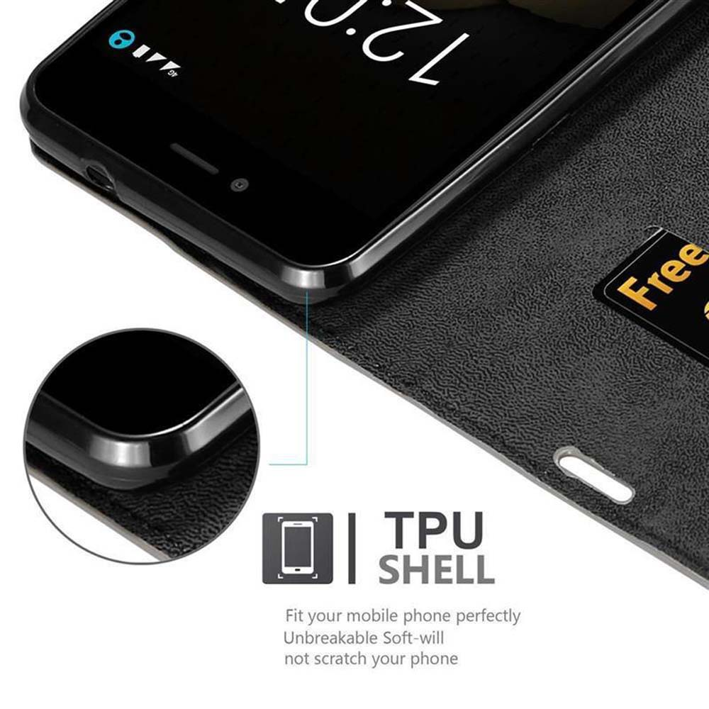 Una funda de teléfono negra con un teléfono dentro. Texto: TPU SHELL, Adapta perfectamente tu teléfono móvil, irrompible, suave.