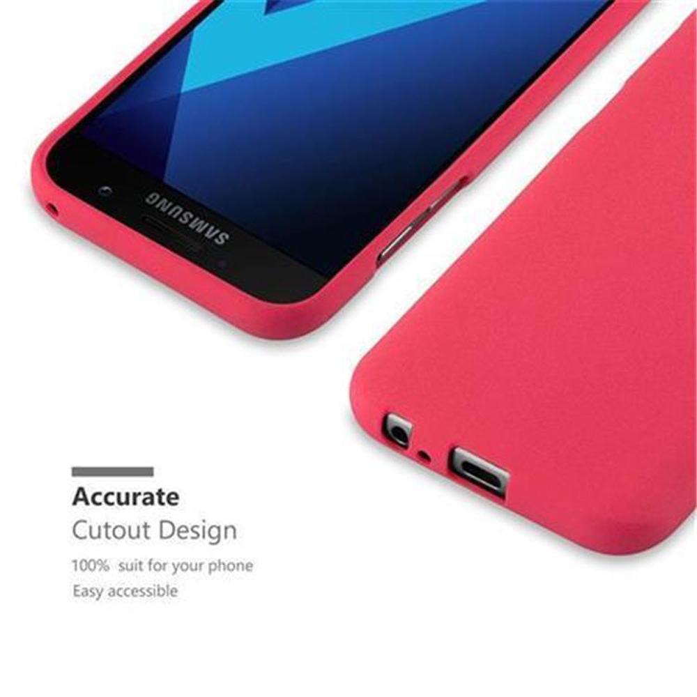 Custodia rossa per telefono con telefono all'interno. La custodia ha ritagli per le porte. Testo: 'Accurate Cutout Design'.