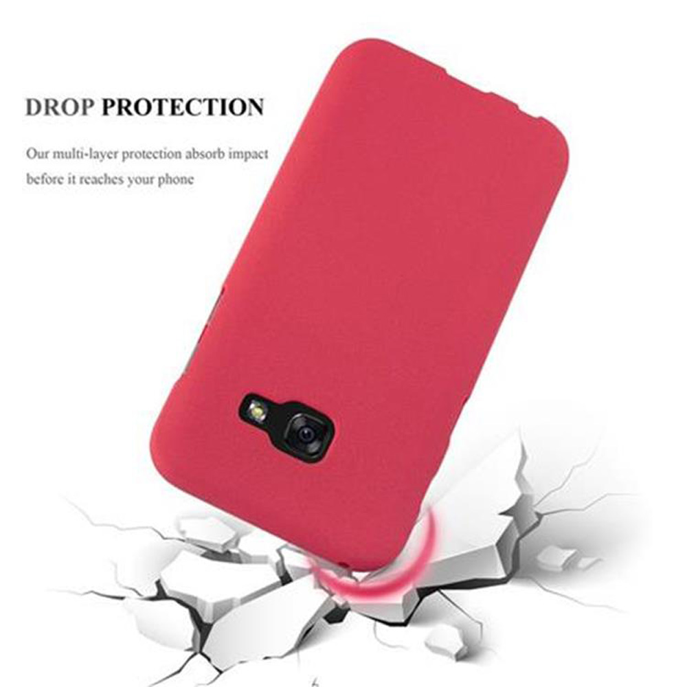 Una custodia per telefono rossa, con fotocamera e porte. Sembra essere protetta dagli impatti.