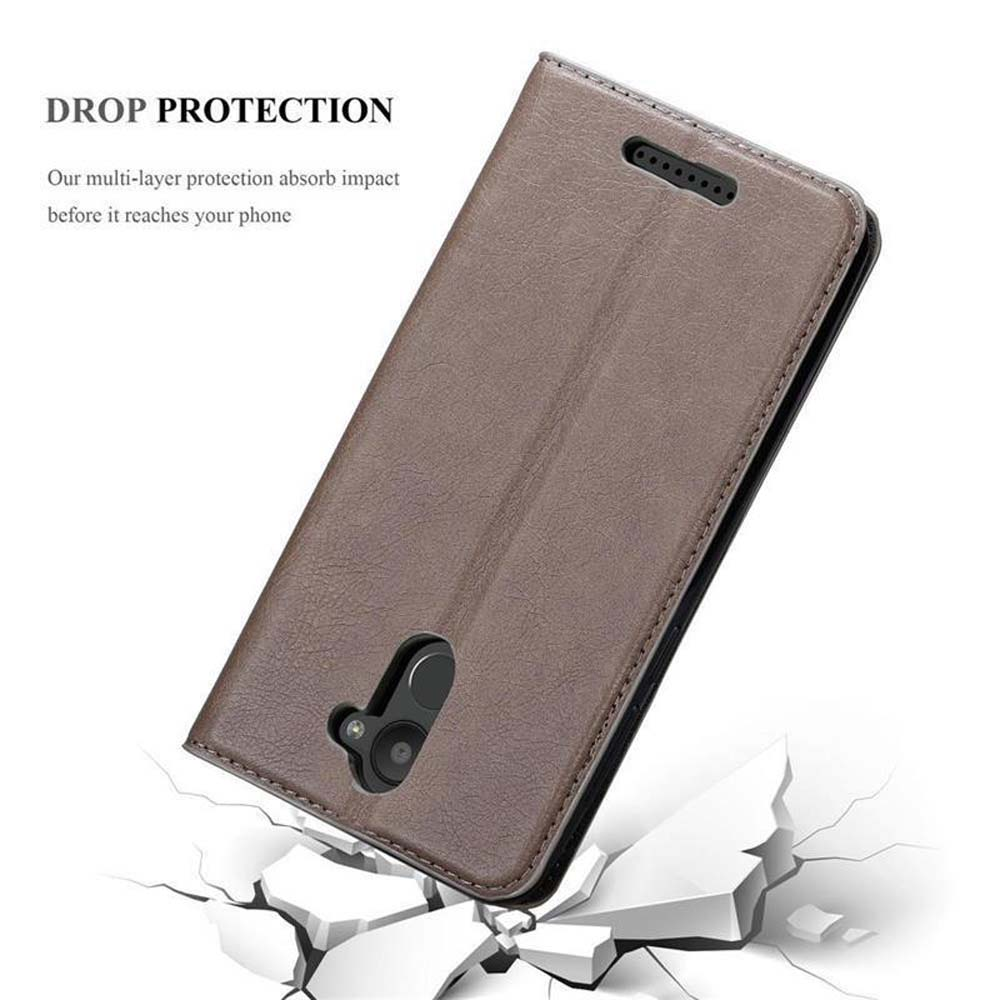 Funda de teléfono marrón, abierta mostrando teléfono. Texto: Protección contra caídas, absorbe impactos.