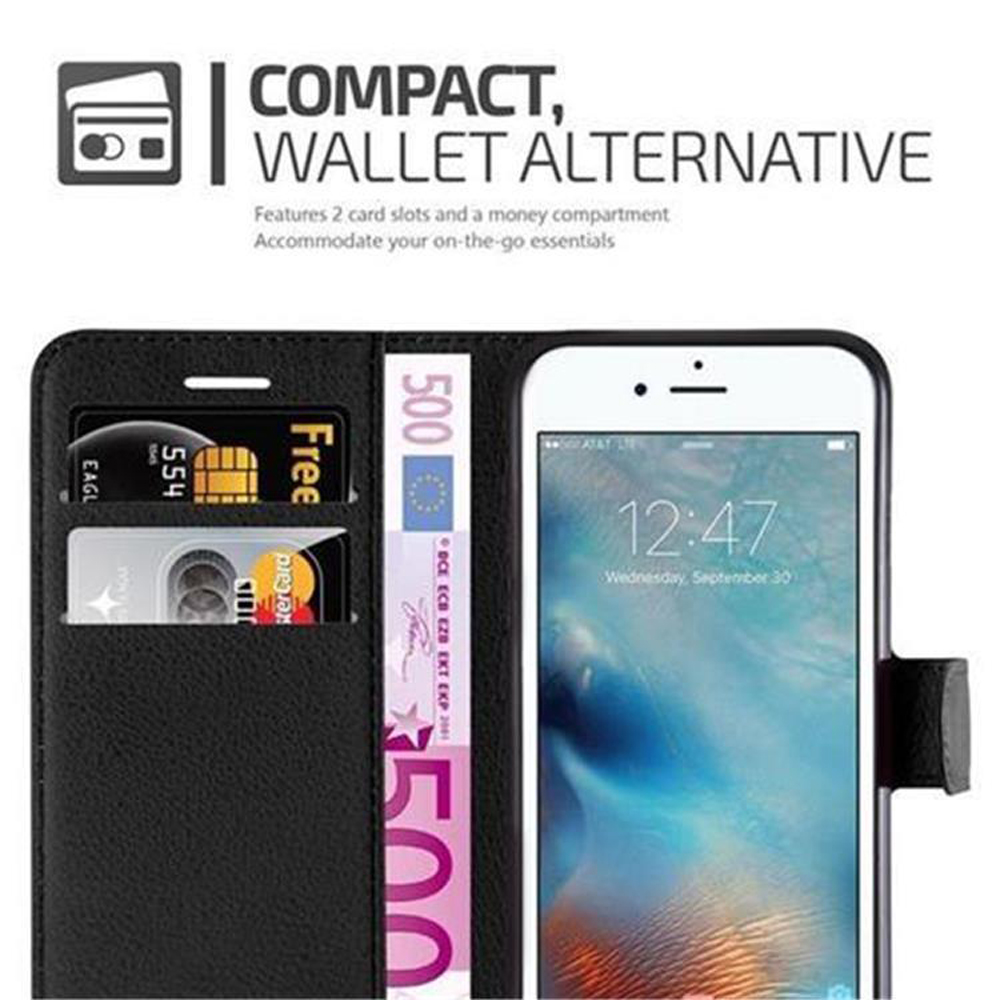 Custodia per telefono nera aperta con telefono, carte e denaro. Il testo dice 'Compact, Wallet Alternative'.