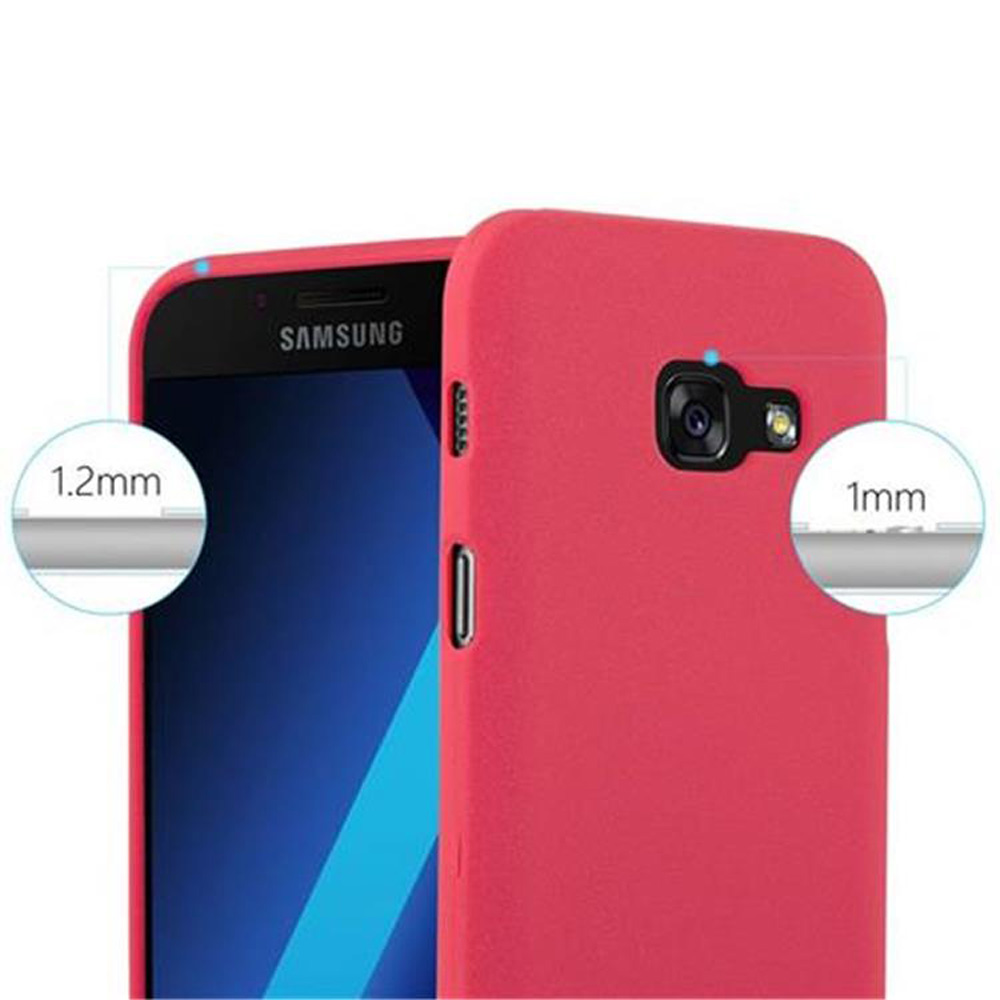 Una custodia rossa per telefono che mostra il lato di un telefono. Lo spessore è mostrato con etichette: 1,2 mm e 1 mm.