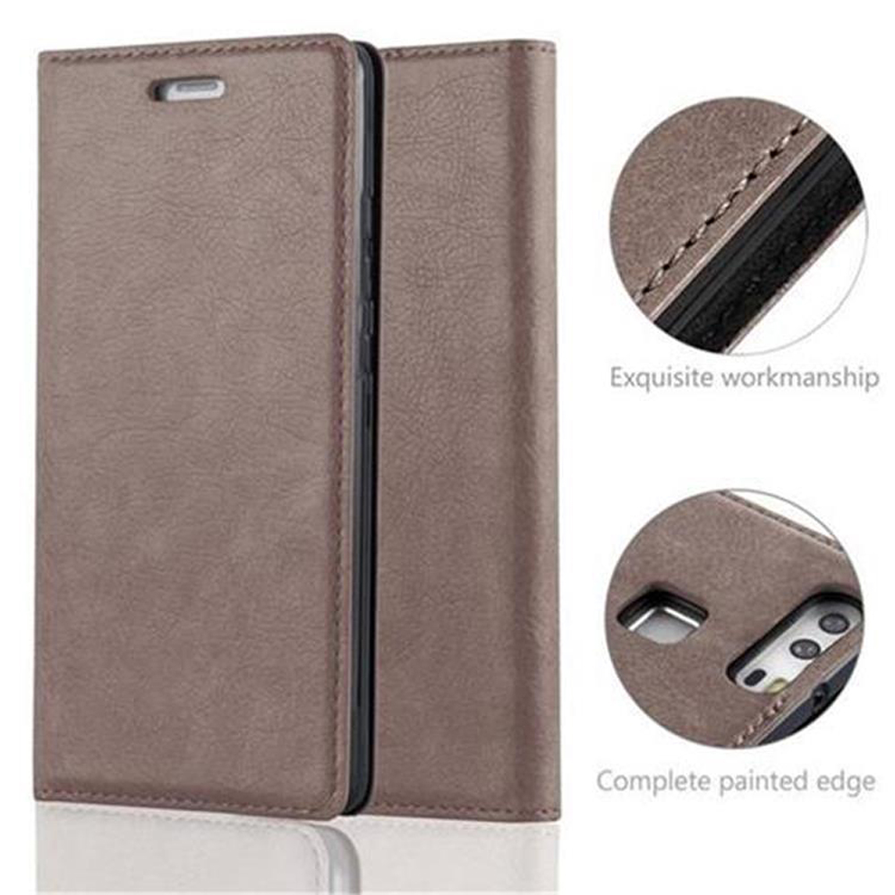 Una funda de teléfono marrón con una mano de obra exquisita. La funda está sobre una superficie blanca. Primer plano de la funda.