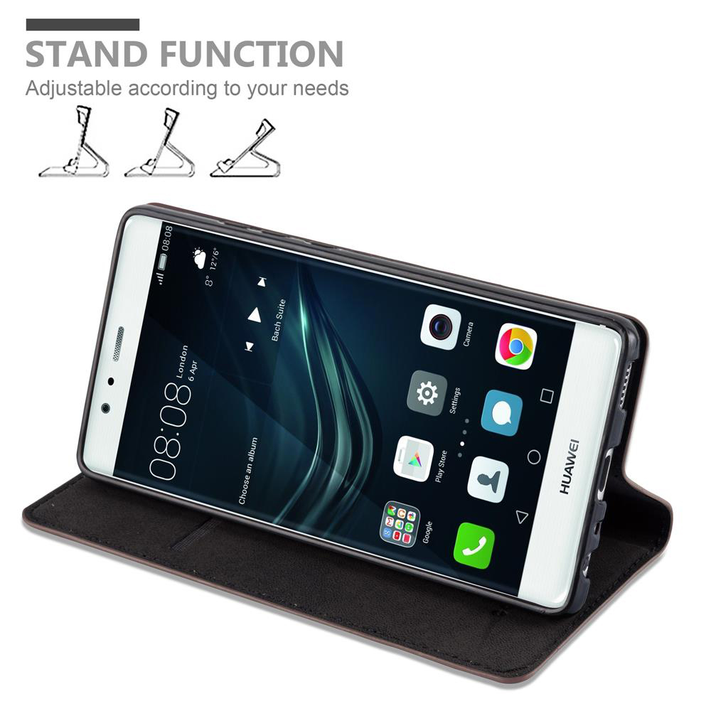 Teléfono en funda negra, abierto, mostrando la pantalla y función de soporte.